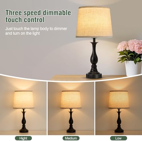 Bedside Table Lamp Touch Control Bedroom Lamps with USB A + C Charging Port 3 Way Dimmable Touch Lamps for Nightstand Living Room Bedroom Dorm Home Office Reading, Set of 2 (Beige Shade & Black Base)