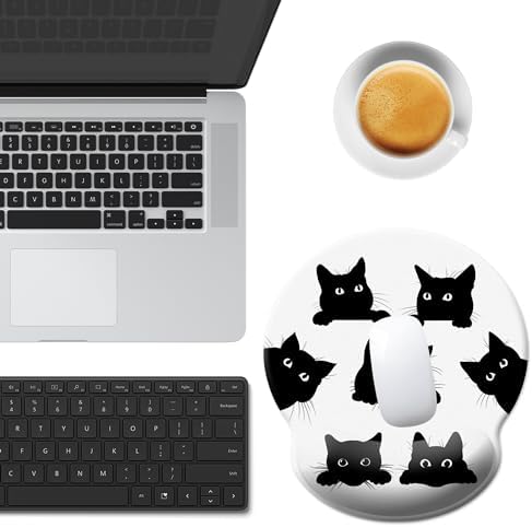 Funny Cat Mouse Pad Wrist Support,Ergonomic Mouse Pad with Wrist Rest,Comfortable Mousepad with Smooth Wrist Rest,Pain Relief Mouse Pads for Non-Slip Base,Computer,Laptop,Office & Home(Six Black Cats)
