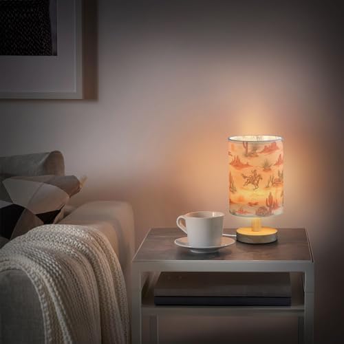 Bedside Lamp West Cowboy Horse Cactus Table Lamp for Bedroom LED Nightstand Lamp Shade USB Ports Wood Base for Living Room Dorm Office