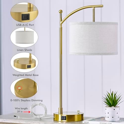 Table Lamp Set of 2, 23.5" Bedside Lamps with USB C+A Ports, Gold