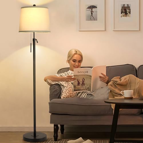 JUNNAI Floor Lamps for Living Room, Black Floor Lamp Adjustable Height Standing Lamp, Dimmable Modern Tall Floor Lamp for Bedroom Office with Beige Linen Shade, 8W 3000K Bulb Included