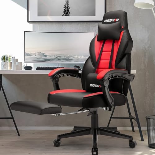 BOSSIN Racing Style Gaming Chair, Leather Computer Desk Chair with Footrest and Headrest, Ergonomic Heavy Duty Design, Large Size High-Back E-Sports, Big and Tall Gaming Chair