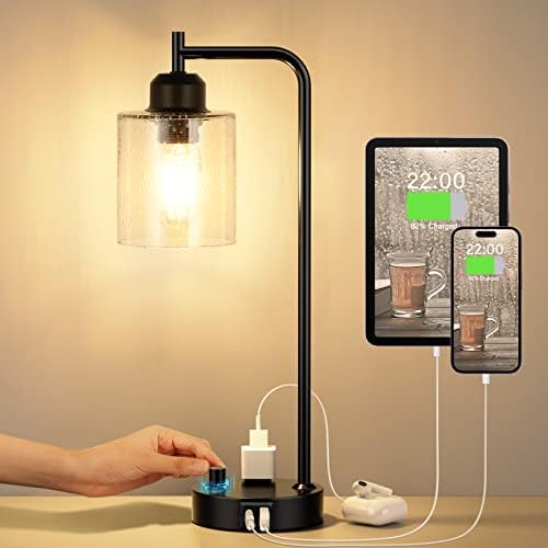 Industrial Desk Lamp, Fully Dimmable Small Bedside Table Lamp, Black, USB C