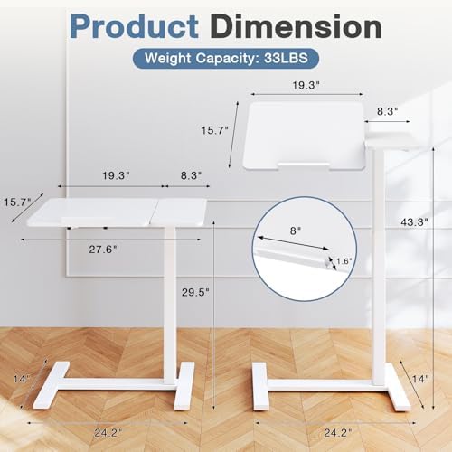 DUMOS Adjustable Bedside Overbed Table with Wheels, White