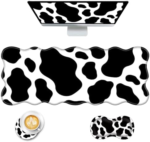 Mouse Pad with Wrist Support + Desk Mat + Coaster 3 in 1 Set, XL Large Gaming Mousepad Ergonomic Mouse Pads for Desk Computer Laptop Office,Cow Print