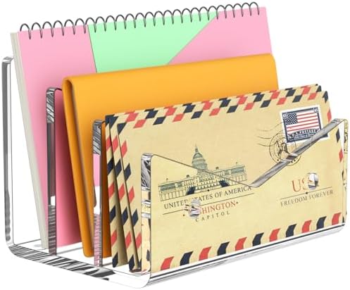 Mail Organizer Envelope Holder - 3 Compartments Clear Acrylic Mail Holder Countertop Vertical Desk Organizer Small File Bill Document Notebook Letter Sorter for Home School Office Supplies