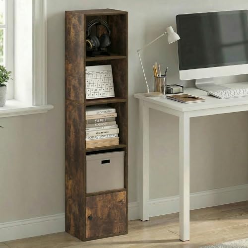 Furinno LUDER Book Shelf, 5-Tier Bookshelf with Open Shelf, Standing Bookcase with 1 Door Cabinet, 9.3 x 12 x 52, for Organization and Storage, for Living Room, Bedroom, Home Office, Amber Pine