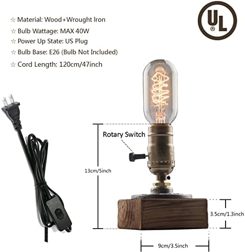 Vintage Table Lamp, Industrial Nightlight Steampunk Desk Lamp with E26 Antique Lamp Holder for Bedroom Living Room Home Art Display Cafe Bar Studio Antique Decor, Push Button(Without Bulb)