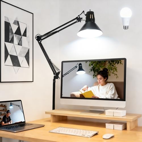 Black Desk Lamp with Clamp, Extra-Tall Adjustable Metal Swing Arm, 2 Pack