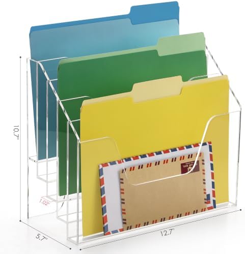 DINGHUO 5 Tier Acrylic Desk Office Wall File Organizer, Clear Wall Mounted File Holder, Magazine Rack Hanging File Organizer (Adhesive Hooks x 2)