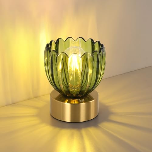 Shenmoyl Cordless Small Table Lamp with 5200mAh Battery & Touch Control, Battery Operated Tulip Table Lamp with 3 Colors, Rechargeable Mini Table Lamps for Bedsides, Bedroom, Nightstand (Green)