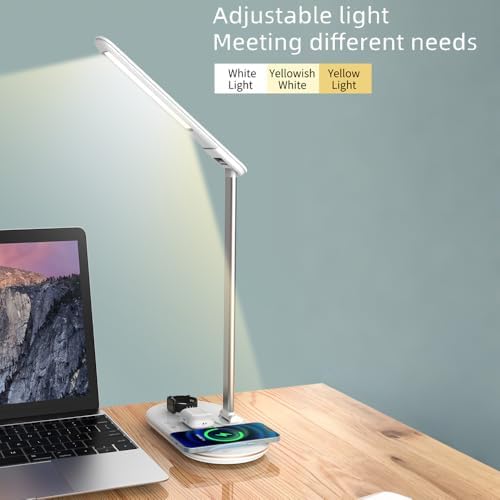 IHAO 3in1 Wireless Charging Eye-Care Desk Lamp 15W Fast Charging Station for Phone, Smartwatch & Earbuds, Touch Control Dimmable LED Light Adjustable Gooseneck, Modern Office Table Lamp-HYT2096 White