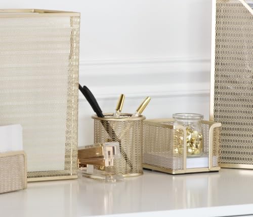 BLU MONACO | Gold Metal Mesh Pen Holder for Desk | Cute Pen Holder for Desk for Women | Wire Mesh Desk Organizer Pencil Cup for Office Workspace