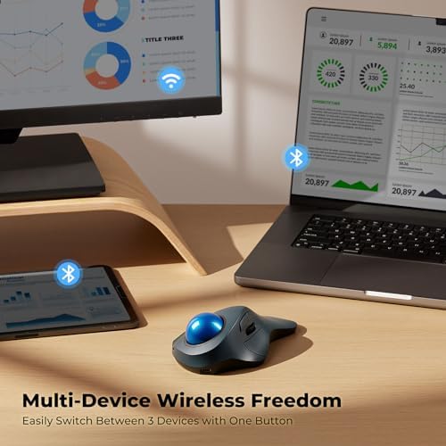 Wireless Ergonomic Trackball Mouse, Large Hands, 44mm Index Finger Control