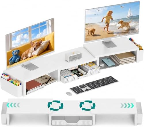 OPNICE Desk Organizer and Accessories, Computer Monitor Stand Riser with Drawer and 2 Pen Holders, Laptop Stand, Office Desk Accessories for Office Supplies, White