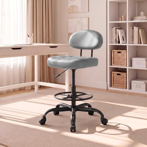 Armless Drafting Chair with Back, Tall Office Chair for Standing Desk, PU Faux Leather,Footrest Ring,Adjustable Height,360°Wheels for Bar Home Office
