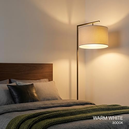 Brightech Montage Modern Floor Lamp - LED Standing Lamp with Tan Shade for Living Rooms & Offices - Bedroom Reading Light - Tall Corner Pole Lamp for Contemporary Home Decor - Black