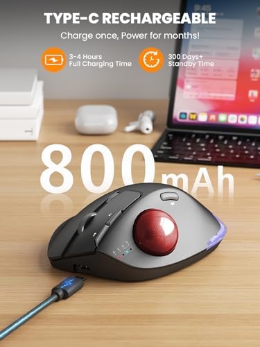 Wireless Trackball Mouse, Adjustable Angle, Rechargeable, Backlit-Red Ball