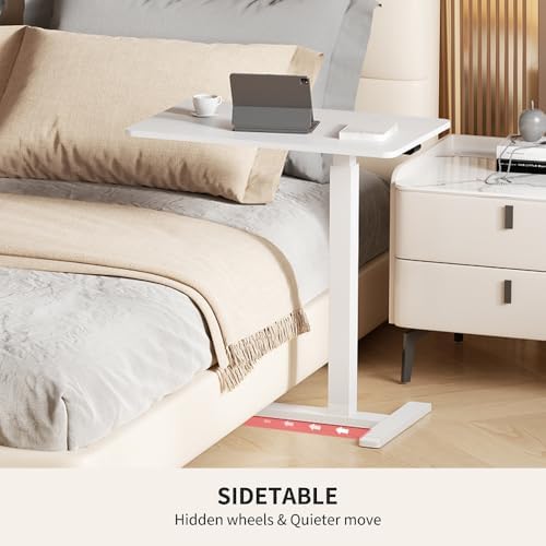 CROWNFURN Overbed Bedside Table with Wheels,Height Adjustable Bedside Table for Recliner,Rolling Standing Desk for Home Hospital,White
