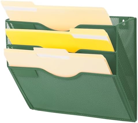 EASEPRES 3 Pocket Mesh Hanging Wall File Organizer, Wall Mounted Mail Paper Document Folder Holder, Clipboard Storage Organization Magazine Rack with Nametag Label for Office Home School, Dark Green