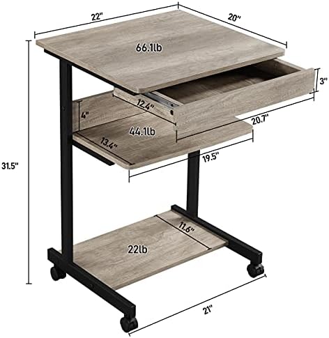 Topeakmart Gray Art Deco Desk, Rolling Computer Desk Cart with Drawer, Small Space Solution for Writing, Laptop, PC, 22 x 20.1 x 31.5 inches