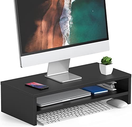 FITUEYES Wooden Monitor Stand Riser, 2-Tier Desk Storage Shelf, Black