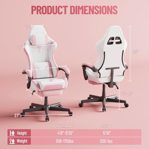 Ferghana Fabric Ergonomic Gaming Chair, High Back Computer Chair with Footrest and Linkage Armrest, Office Video Game Chair with Massage Lumbar Support for Adult, White/Pink