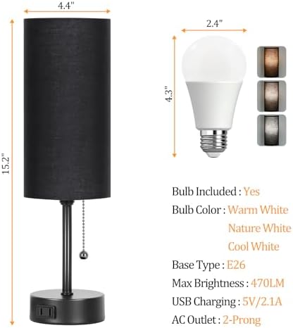 Dott Arts Table Lamp for Bedroom, 3-Color Bedside Lamps with Pull Chain