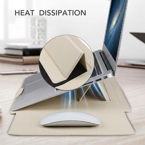 4-in-1 Laptop Sleeve with Stand and Mouse Pad, Faux Leather Protective Case with Accessory Pouch for 13.3-14 Inch Laptops (Beige)