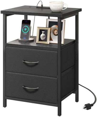 Fixwal Night Stand with Charging Station, 2 Fabric Drawers, Black