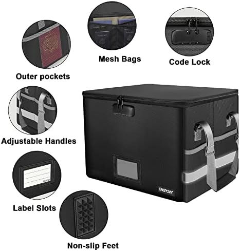 ENGPOW File Box with Lock, Fireproof Document Box with Pockets, Collapsible File Organizer Filing Storage Cabinet with Handle, Portable Home Office Safe for Hanging Letter/Legal Folders,Black,2 Pack