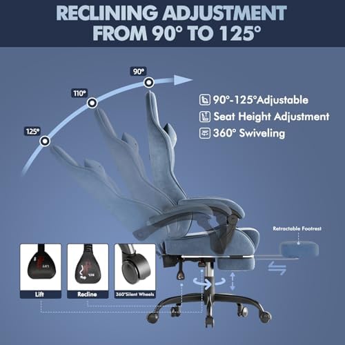 Soontrans Velvet Fabric Ergonomic Gaming Chair with Footrest, Reclining Office Computer Desk Game Chairs with Massage Lumbar Cushion,Headrest,Comfortable Video Gamer Chair for Adult