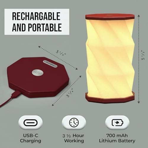 Origami Expanding Foldable LED Desk Lamp – USB Rechargeable & Portable - Dimmable Touch Control Light with Adjustable Height up to 5 1/2 for Office, Travel, Bedside - Sleek & Modern Design (Wine)