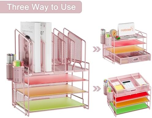 Marbrasse Desk Organizers, 4-Tier Mesh Desk File Organizer with 5 Vertical File Holders and 2 Pen Holders, Multifunction Desktop Organizer,Desk Organizers and Accessories for Home Office (Pink)