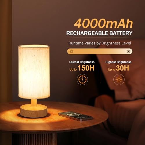 Kakanuo Cordless Table Lamp Rechargeable Small - 2 Pack Beige Wood, 4000mAh Battery Operated Lamp with Touch Control Stepless Dimming, Wireless Lamp for Bedside, Nightstand, Bedroom, Living Room