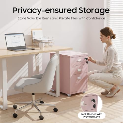 3 Drawer File Cabinet with Lock, Freestanding Filing Metal Drawers Organizer Vertical Metal Rolling Organizer Movable Under Desk Cabinet with Wheels for Home Office Living Room Study (3 Tiers Pink)