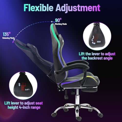 LED Lights Gaming Chair with Footrest, Black/Grey