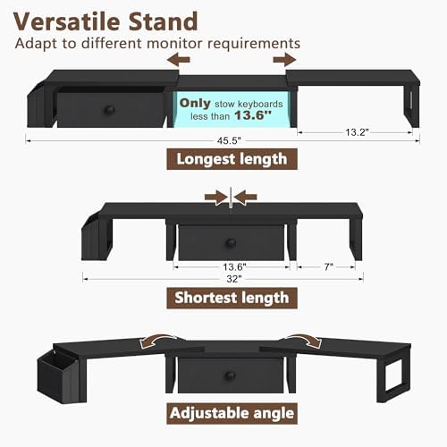 LAND·VOI Dual Monitor Stand with Drawer and Side Pockets, Monitor Riser for Desk, Home Office Desk Storage, Multi-Scenario Adaptation for Work and Entertainment, Black, HMS02BK