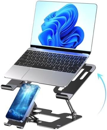 Ergonomic 2-in-1 Laptop Phone Stand for Desk, Adjustable Riser, Sturdy and Portable, Fits All Laptops and Phone（Black）