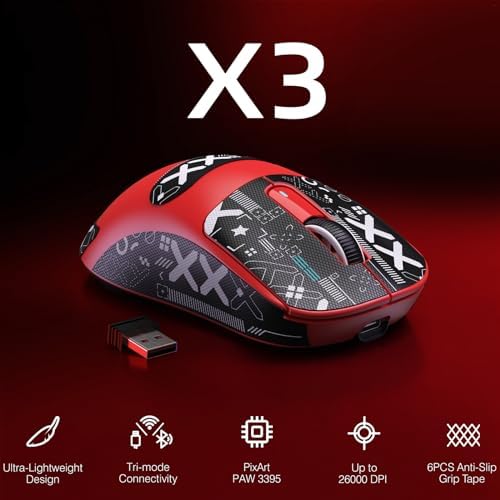 ATTACK SHARK X3 49g Ultra-Lightweight Wireless Gaming Mouse, Red&Tape