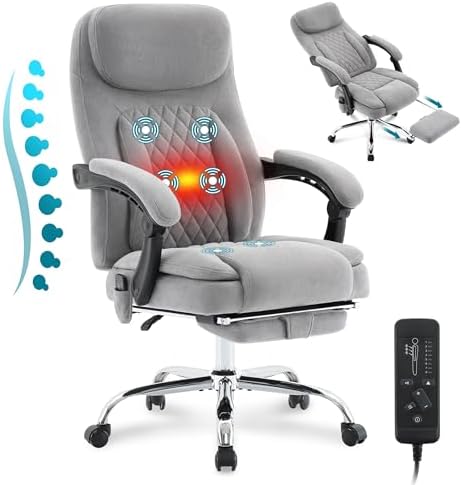 6-Point Massage Office Chair with Heated, Ergonomic Office Chair with Footrest & 45°Reclining High Back, Big and Tall Executive Office Chair 500LBS, Thick Cushion Desk Chair for Home Office, Grey