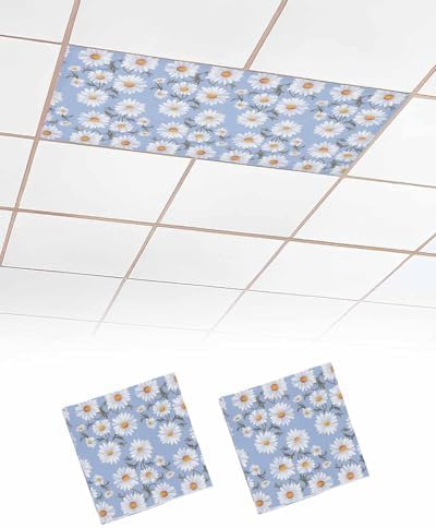 Blue Daisy Floral Magnetic Fluorescent Light Covers for Ceiling Lights 2 x 4 Feet,White Blossom Watercolor Spring Summer Office Classroom Kitchen Drop Ceiling Light Covers Filters Shade Panel 2 Packs
