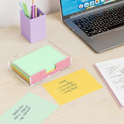 Acrylic Notepad Dispenser Organizer - 4 x 6 in Clear and Glitter Pink Sticky Note Holder W/O Pads Memo Holder for Dorm Room School Classroom Office Desk Organizer Aesthetic Supplies