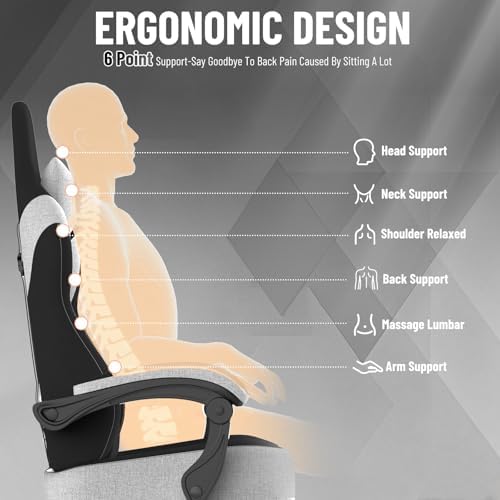 Ferghana Cotton Fabric Gaming Chair - Wider Seat Cushion, Shield-Shaped Embroidery, Ergonomic High Back with Footrest, Computer Gamer Chair for Adults Featuring Massage Lumbar Support, Black/White