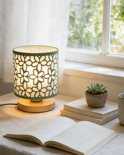 Green Small Table Lamp, LED Cutout Metal Bedside Lamp with 3 Color Temperatures for Office, Living Room, Bedroom, Dorm (Green)