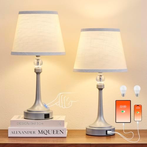 Touch Silver Table Lamp Set of 2 with USB C+A Ports-19.7''