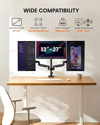 ErGear Triple Monitor Mount for 13-27 inch Screens, Triple Monitor Arms with USB,3-Monitor Stand Holds 17.6 lbs/Arm – Tilt, Swivel & Rotate