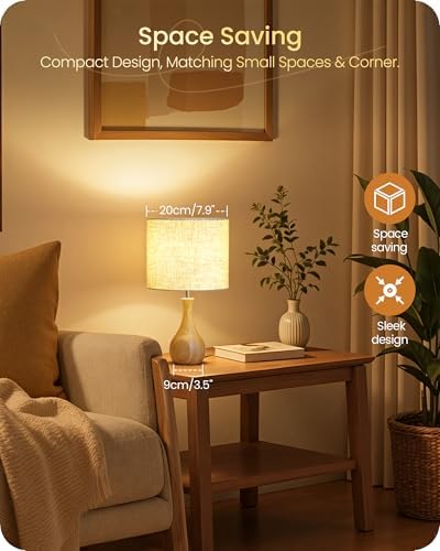 Small Table Lamp, Wood Desk Lamp with Beige Linen Lampshade & Natural Wood Bottle-Shaped Base, Modern Bedside Lamp with Cable, E26 Base, Bulb Not Included, for Bedroom, Kid's Room, ME09TL05