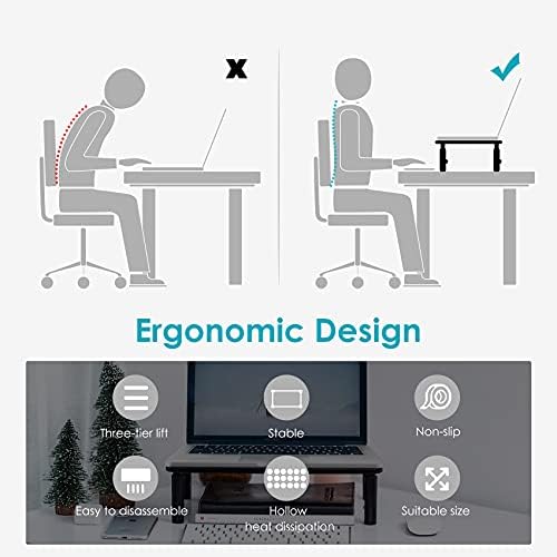 LOTEYIKE Monitor Riser Desktop Stand, Flat Screen TV Monitor Stand Riser, Sturdy Metal Laptop Computer Monitor Stand Shelf for Printer, iMac, 3 Height Adjustable PC Stand with Mesh Platform