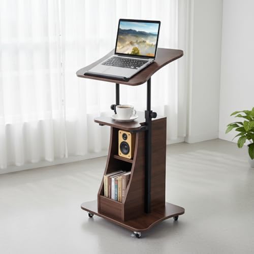 Tangkula Mobile Lectern Podium, Height Adjustable Podium Stand, Sit-to-Stand Desk with Tilting Tabletop & Storage Shelves, Rolling Laptop Cart Desk with Lockable Casters for Home Office School (Brown)